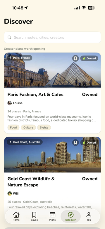 Koko discover screen — plans and picks from creators and friends, with photos, place counts, and vibe tags