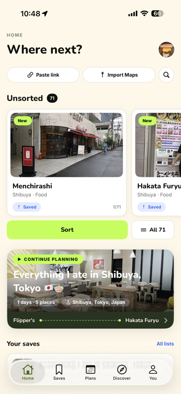 Koko home screen — paste a reel to start a list, plus lists shared by friends
