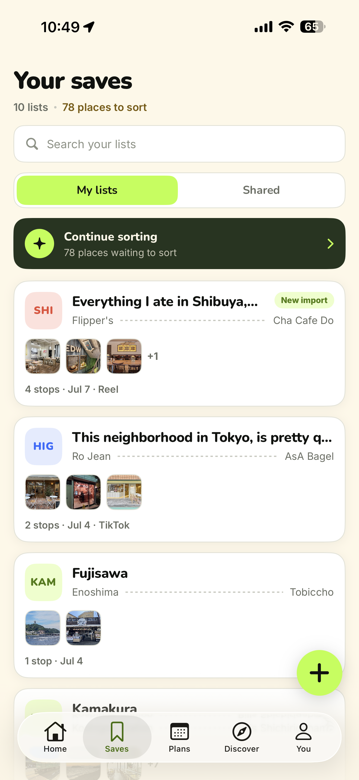 Koko saves screen — your lists sorted into My lists and Shared, each with region tags and place counts
